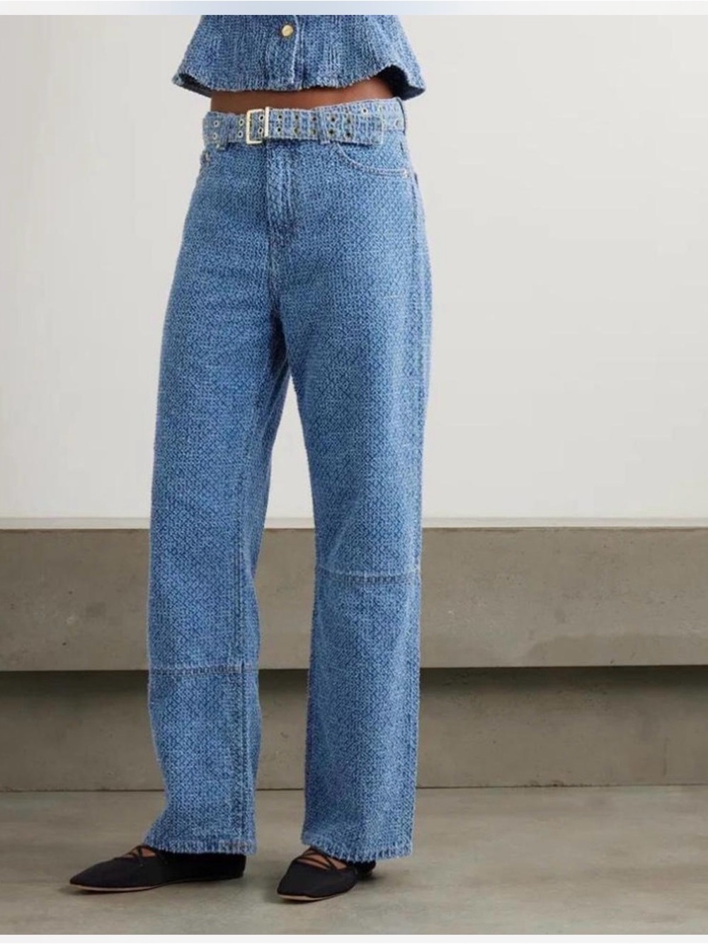 Ganni Light Blue Textured Wide-Leg Jeans with Studded Belt - Picture 6 of 6
